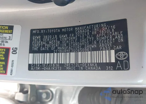 2016 Toyota Corolla Le z USA, uszkodzony, nr VIN 2T1BURHE3GC650961